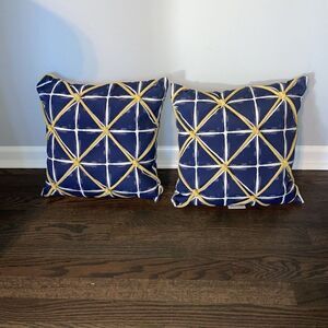 Allen+Roth Indoor Outdoor Pillows Patio Accent Nautical Navy Blue Yellow 17 X 17